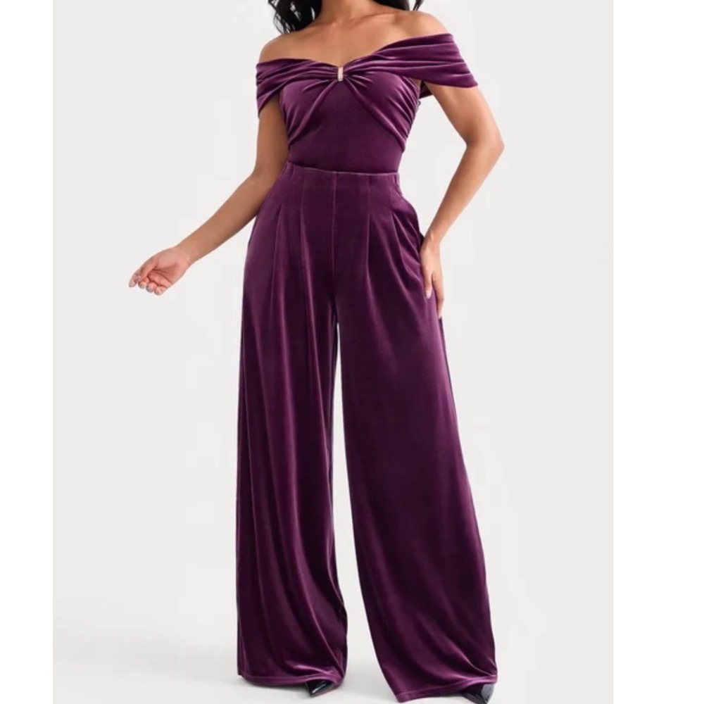Popilush Velvet sculpting Bodysuit and Wide Leg Pants Set Womens M Purple Ruched